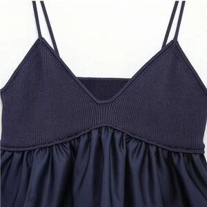 Zara Navy Knit & Satin Babydoll Tank Top
